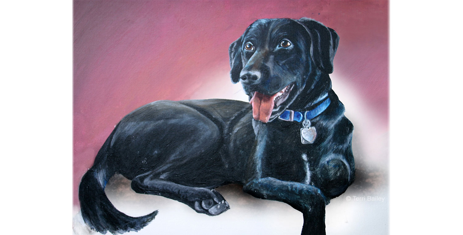 Portrait of Sasha the Black Labrador Retriever painted with acrylics
