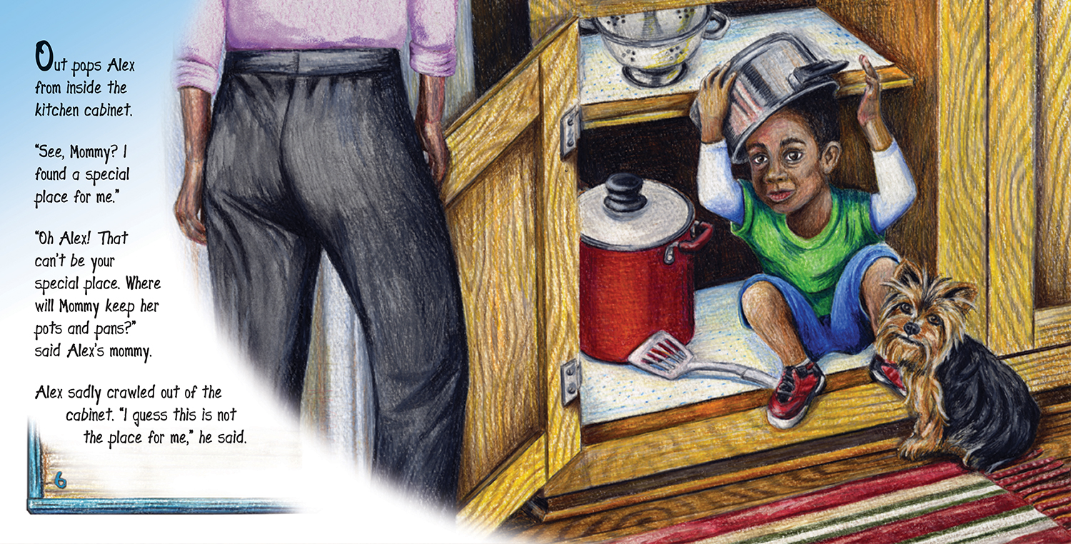 Illustration showing Alex in the cabinet