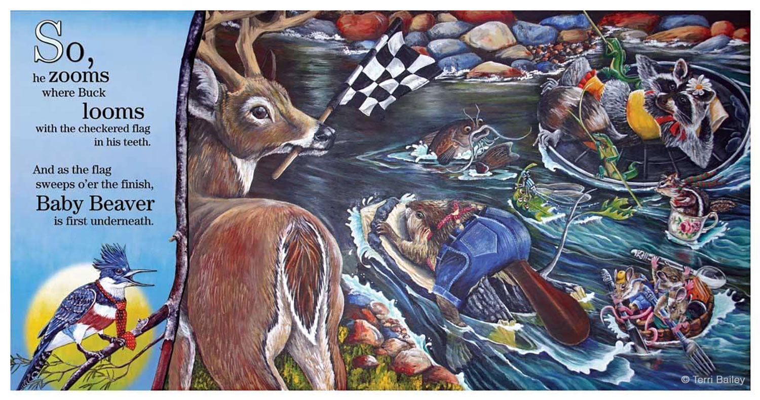 Beaver, raccoon, mice, dragonfly and chipmunk racing down the river. Deer holds the checkered flag in his mouth.