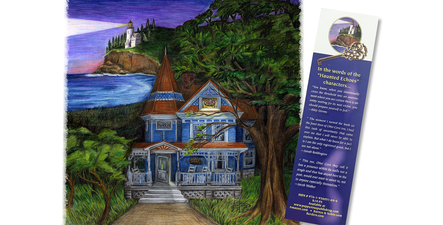 Illustration of haunted house with lighthouse in the distance