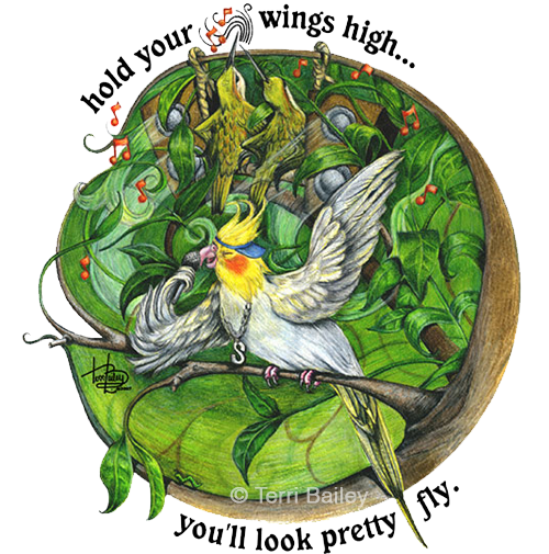 Spike the cockatiel with hummingbirds in the background sings a song