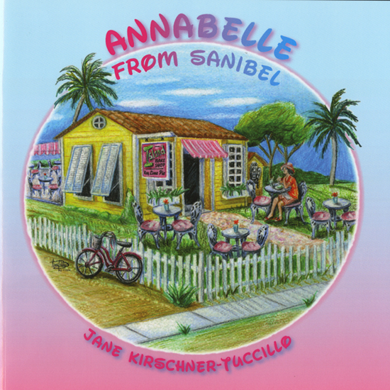 Annabelle from Sanibel, sitting outside cafe with bicycle leaning on fence, written by Jane Kirchner-Tuccillo, illustrated by Terri Bailey
