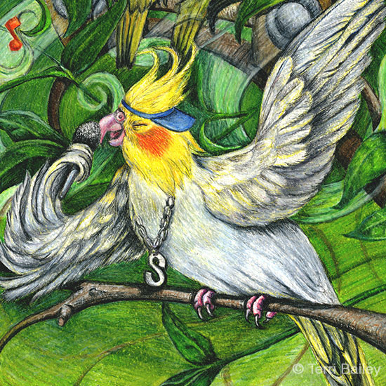 Spike the Rapper, cockatiel sits in a tree singing into a microphone with his wings held high, illustrated by Terri Bailey
