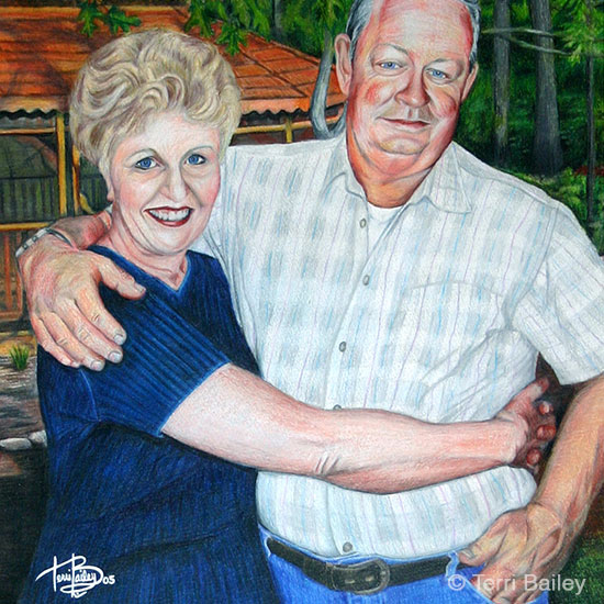 By The Gazebo, woman and man have their arms around each other in front of the gazebo, illustrated by Terri Bailey