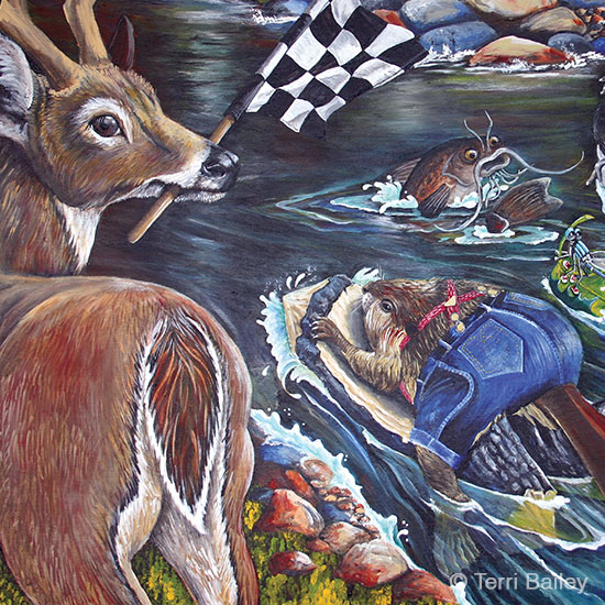 The Great River Race, a story about a race between woodland animals including the beaver, the mice, the chipmunk, raccoon and dragonfly. A deer wais at the finish line with the checkered flag. Illustrated by Terri Bailey